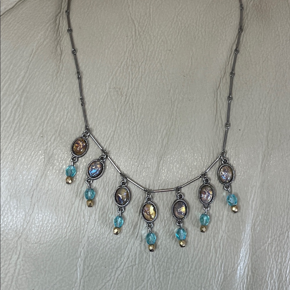 David Aubrey Handmade Beaded Iridescent Oval Drop Charm Necklace Boho - Picture 6 of 7